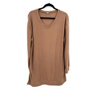 XUERRY Brown V-Neck Oversized Long Sleeve Boxy Waffle Knit Tunic Top Size XL